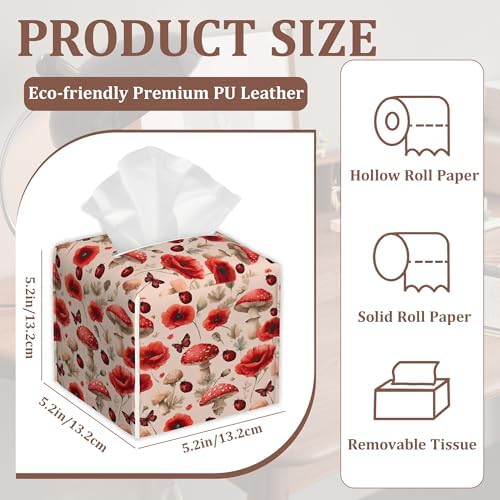 Cute Mushrooms Tissue Box Cover, 2Pcs Square PU Leather Tissue Box Holder for Bathroom Vanity Countertop, Bedroom Dresser, Office Desk or Night Stand Table - Image 2