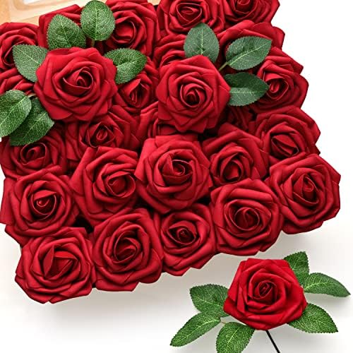 Mocoosy 50 Pcs Artificial Flowers Red Roses Bulk, Real Looking Foam Fake Roses with Stems Bulk DIY Wedding Bouquet Floral Arrangement Bridal Shower Centerpieces Party Home Table Decorations by Mocoosy