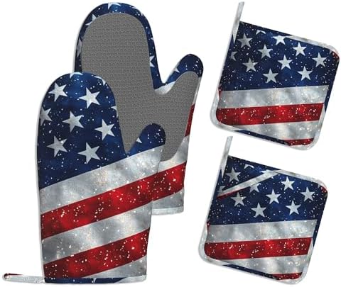 American Flag Oven Mitts and Pot Holders Sets,Extra Long 4th of July Kitchen Mittens for Cooking,Thick Cotton Heat Resistant Silicone Cooking Utensils Set for Baking Cooking Grilling by SNOWMOLLE