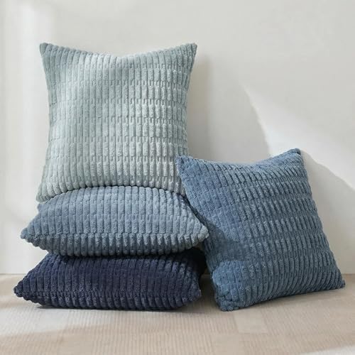 Fancy Homi 4 Packs Decorative Throw Pillow Covers for Living Room Couch Bed, Modern Farmhouse Boho Home Décor Accent Cushion Case, 18" x 18", Blue Series - Image 2