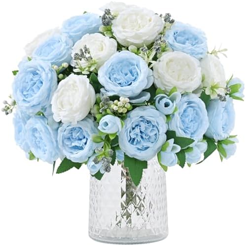 8 Packs Peonies Artificial Flowers Mixed White Blue Silk Artificial Peonies by MARTINEMALL
