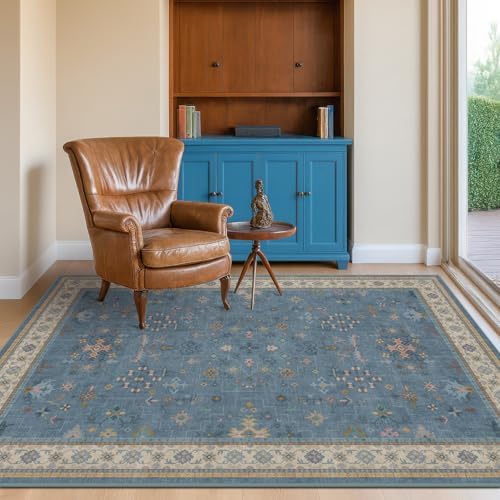 Washable 4x6 Small Rug for Living Room, Area Rug for Kitchen, Bedside, Large Entryway Indoor - Stain Resistant Non Slip with Rubber Backing, Unique Floral Aethestic Décor, Light Blue & Aqua by HazoHaus