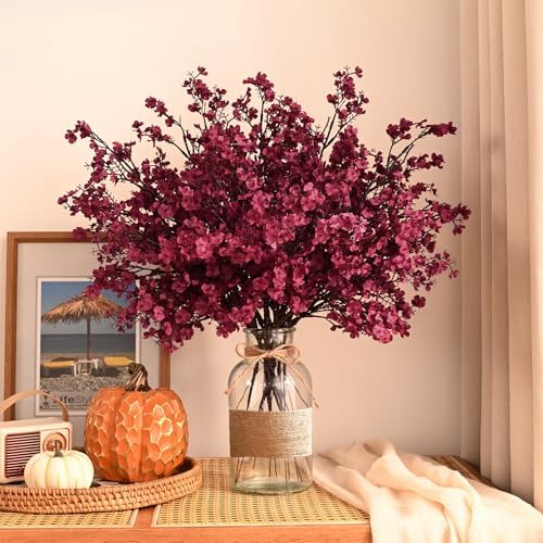 Waipfaru 6Pcs Fake Flowers Babys Breath Silk Artificial Flowers Gypsophila Bouquets Bulk Real Touch Fall Stems for Fall Thanksgiving Decor Autumn DIY Floral Arrangement Table Centerpieces, Wine Red - Image 3