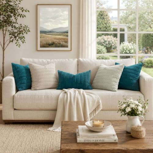 MIULEE Corduroy Decorative Throw Pillow Covers 18x18 Teal Pack of 2 - Image 5