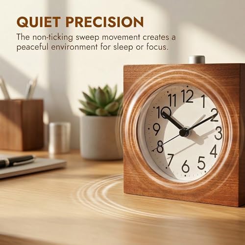 Wooden Analog Alarm Clock Silent Battery Operated with Night Light - Image 3