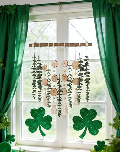 St. Patrick's Day Greenery Wall Hanging - Boho Artificial Eucalyptus & 16.5" Wooden Stick for Farmhouse Rustic Living Room Decor - Image 4