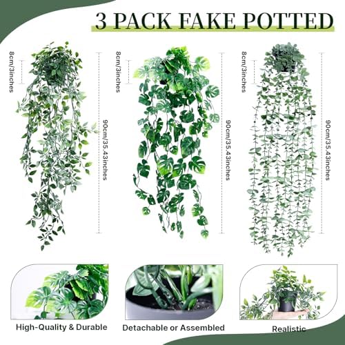 Artificial Hanging Plants for Shelf, 3-Pack Fake Potted Greenery Faux Mandala Monstera and Eucalyptus Vines in Black Pot, Décor for Office Living Room Bathroom Indoor Outdoor - Image 3