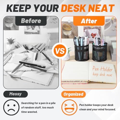 Segarty Pen Cup, 3 Pack Black Pen Holder for Desk, 3.9 x 4.2 inch Large Metal Round Pencil Container Set Marker Holder for Office Supply, Desktop Accessories, Makeup Brush, School Student Teacher - Image 4