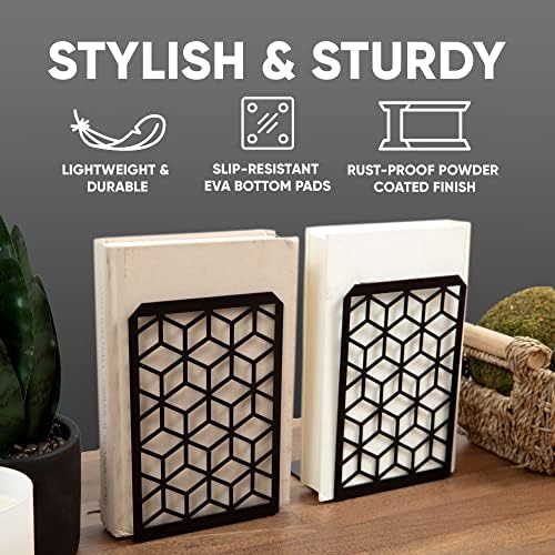 Geomod 3D Cube Black Metal Bookends Decorative for Heavy Books - Sturdy Boho Book Stops - Minimal Book Shelf Stopper - Durable Office Bookends - Weighted Metal Book Holders - 7x4.75 Inches - 2 Pair - Image 4