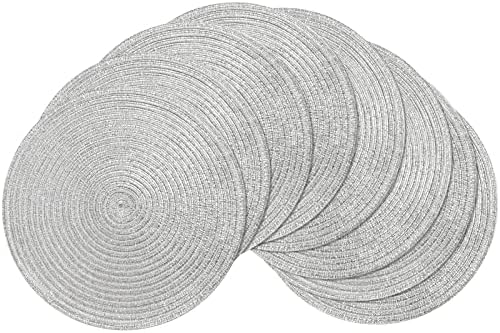 SHACOS Glitter Silver Placemats Set of 8 Sparkle Bling 15 inch Round Braided Table Mats Washable Place Mats for Dining Table Home Christmas Holiday Decor (Silver, 8) by SHACOS