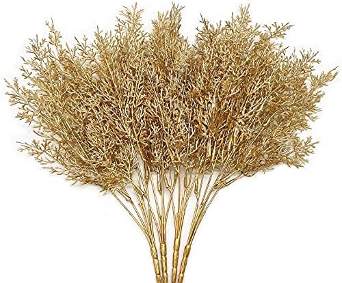 PASYOU Golden Fake Plants, Artificial Flowers Decoration for Christmas Antlers Grass Plastic Faux DIY Crafts Indoor Outdoor Home Garden Party Room Bedroom Wedding Table Centerpiece Decor, Gold 4 Pack by PASYOU