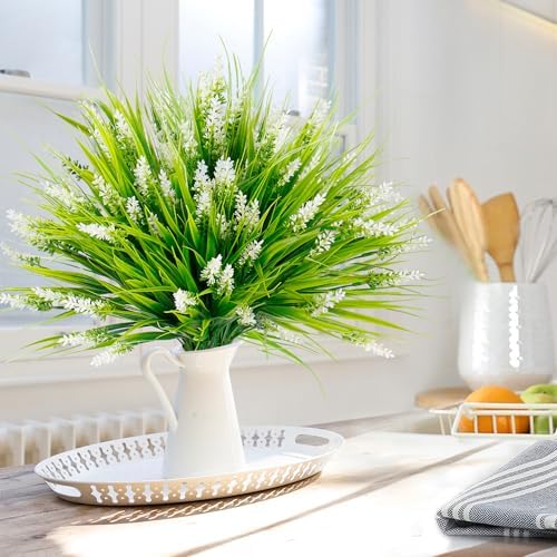 Sggvecsy 12 Bundles Artificial Plants Outdoor Faux Lavender Flowers Fake Monkey Grass UV Resistant Plastic Greenery Plants for Garden Home Porch Window Patio Hanging Planter Indoor Decor (White) - Image 5