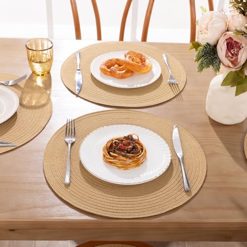 SHACOS 15 inch Round Braided Placemats Set of 6 Cotton Polyester Heat Resistant Round Table Mats Washable Place Mats for Dinner Party Table Decoration (Camel, 6) - Image 3