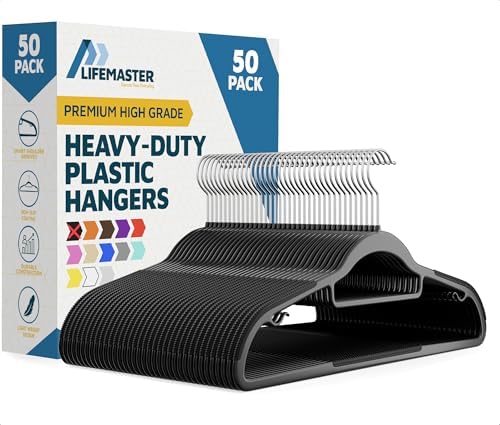 Lifemaster Versatile Clothes Hanger Set - 50 Pieces Space-Saving Dry and Wet Clothes Hanger Set with 360° Swivel Hook and Non-Slip Rubber Design - Black by LIFEMASTER