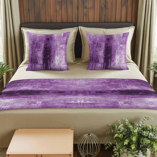 Bed Runner for King Size Bed, Purple Decorative Beds Runners and 2 Matching Pillow Covers Set, Retro Oil Painting Modern Abstract Art Aesthetics Beds Scarf Throw for Foot of Bedding Set for Hotel - Image 2