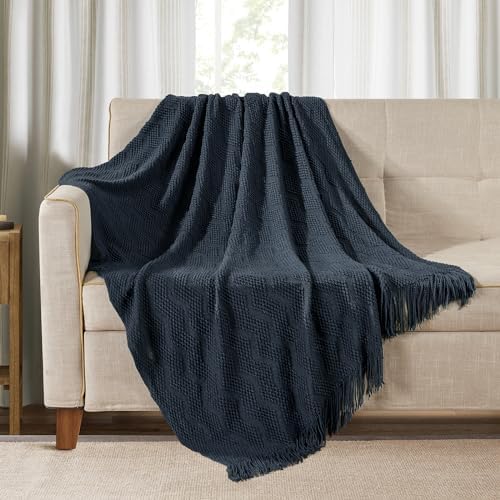 BOURINA Navy Throw Blanket 50x60 Inch Soft Ripple Throw Knitted Blanket by BOURINA