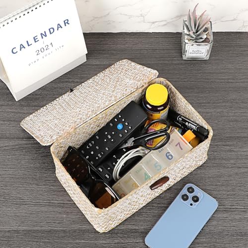 Sumnacon Wicker Basket with Lid,Tampon Holder for Bathroom,Whitewash,S - Image 5