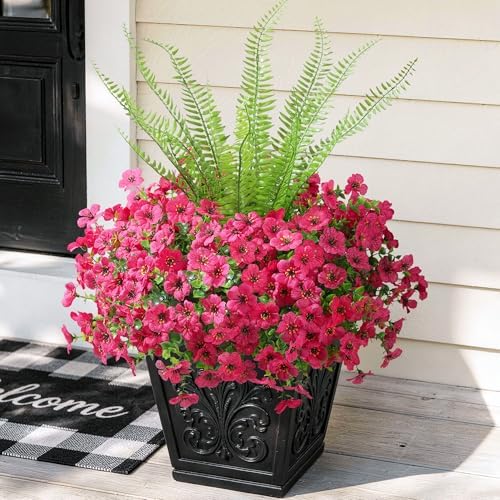 HyeFlora Artificial Faux Outdoor Flowers Plants for Spring Summer Decoration, 14 Bundles Fake Silk Colorful Daisy Ferns UV Resistant Realistic for Home Porch Patio Yard Window Box (Hot Pink) by HyeFloraartificialflowers