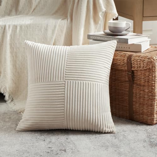 Fancy Homi 2 Packs Boho Cream Decorative Throw Pillow Covers 18x18 Inch for Living Room Couch Bed Sofa, Rustic Farmhouse Home Decor, Soft Corss Corduroy Patchwork Textured Square Cushion Case 45x45 cm - Image 2