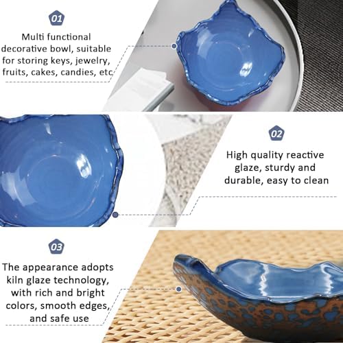 8" Small Ceramic Decorative Bowl，Irregular Rim Reactive Glaze Key Bowls for Entryway Table，Blue Coffee Table Bowl Decor，Modern Fruit bowls for Tabletop or Home Decor - Image 6