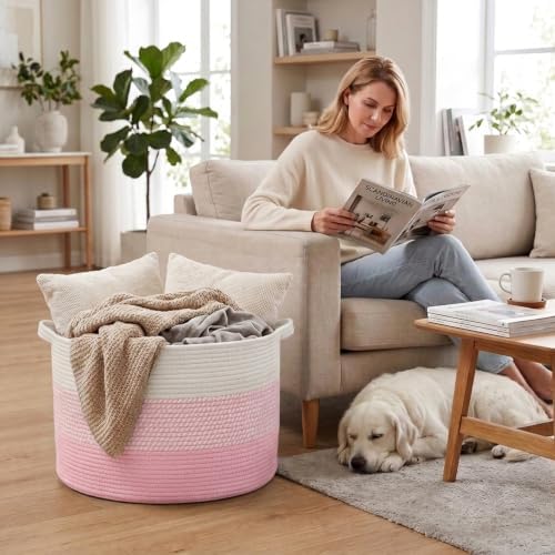 115L Extra Large Blanket Basket,Woven Laundry Basket-Mixed Pink - Image 4