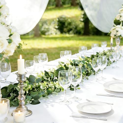 Eucalyptus Garland with White Flowers 4Pack: 5.9Ft Artificial Faux Greenery Vines for Table Runner Wedding Bedroom Mantle Centerpieces Backdrop Decorations by Unknown