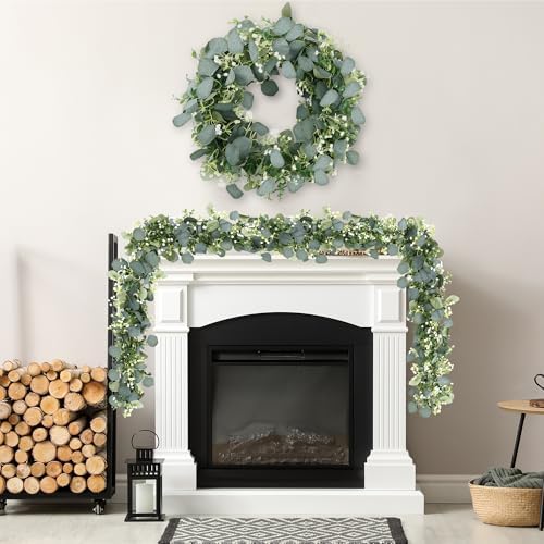 Sggvecsy 8 Pack Artificial Eucalyptus Garland Eucalyptus Leaves Vines Greenery Garland Faux Silver Dollar Eucalyptus Leaves for Table Party Wedding Indoor Outdoor Home Mantle Wall Decor - Image 3