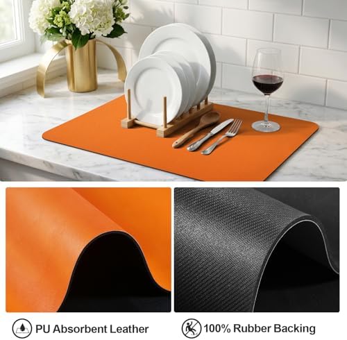 Ecotrim - Dish Drying Mat for Kitchen Counter | Coffee Bar Mat for Countertops | Heat Resistant Drainer Mat with Non-slip Rubber Backed | Hide Stain Kitchen Absorbent Draining Mat | Orange 16"x24" - Image 4
