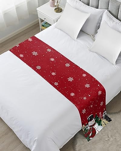 Red Snowman Christmas Bed Runners for King Size Bed, Xmas Tree Decorative Bed Throws for Foot of Bed, Winter Snowflake Bed Runner Sofa Throw Bedding Scarf Protector Slipcover for Bedroom/Hotel by DecorLovee
