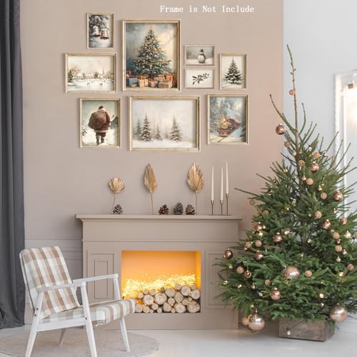 Vodefoad 9Pcs Christmas Print Set Winter Holiday Gallery Wall Prints Santa Claus Painting Farmhouse Christmas Gallery Wall Set Vintage Winter Prints Christmas Decor for Bedroom Bathroom Living Room Office Holiday Decoration Gifts Unframe - Image 7