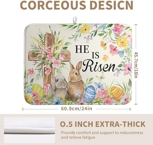 Easter He Is Risen Bunny Dish Drying Mat for Kitchen Counter Spring Easter Cross Floral Eggs Drying Pad 18x24 In Microfiber Absorbent Holiday Dishes Drainer for Kitchen Counter Tableware - Image 2