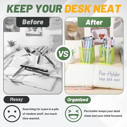 Segarty Pen Cup Holder, 3 Pack Square Light Green Pen Holder for Desk, Cute Mesh Pencil Cups Container Set Desktop Organizer for Office Supplies, School Classroom, Home Storgae and Organization - Image 4