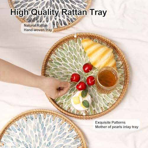 Round Rattan Tray with Mother of Pearl Inlay, Rattan Serving Tray for Coffee, Bread, Fruits, Decorative Wicker Tray for Table Decor, Home Decor, Kitchen Island Decor (Green Leaf, 11.8") - Image 4