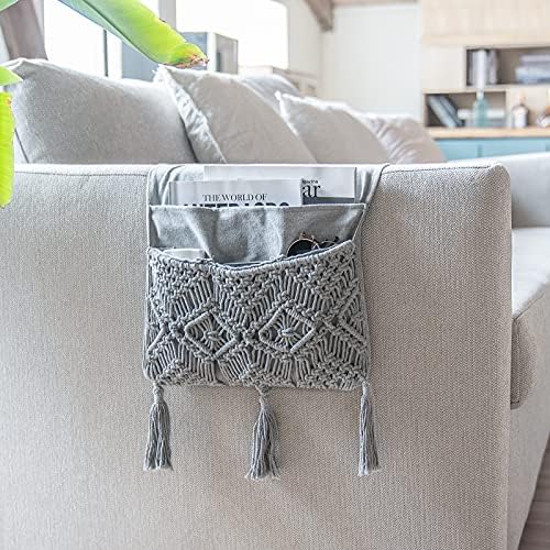 Mkono Macrame Armchair Caddy, Boho Couch Armrest Organizer, 4 Pockets Grey - Image 2
