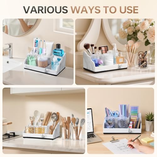 TuCao Marble Bathroom Countertop Organizer, Toothbrush Holders for Bathroom with 2PCS Qtip Holder Dispenser and Toothpaste Holder Drainage for Bathroom Accessories Organization Counter Vanity Storage - Image 3