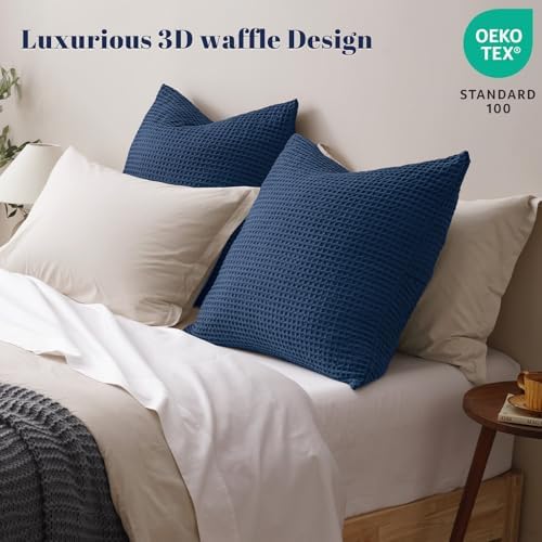 PHF Ultra Soft Waffle Weave Euro Shams 26" x 26", Navy Blue, No Insert - Image 2