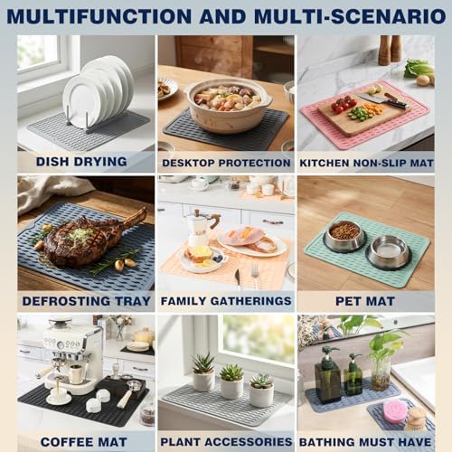 2 Pack Caketime Silicone Dish Drying Mat for Kitchen Counter Multiple Usage for Cooking Grilling Under Sink Office Coffee Accessories Appliances Pioneer Woman Stuff Extra Large 18"x16" Blue - Image 4