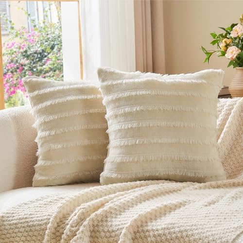 BEDELITE Velvet Pillow Covers with Zipper, Boho-Beige, 18x18 Inches, 2 Pack - Image 2