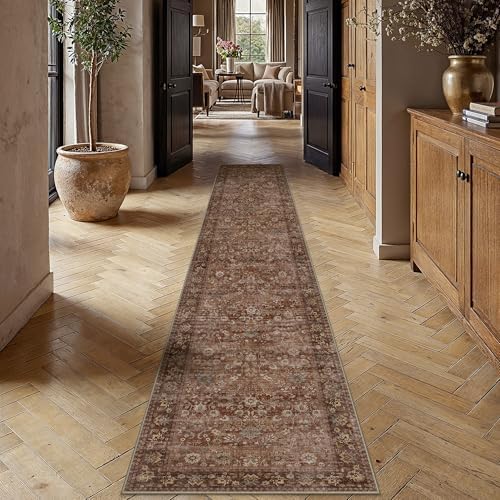 HUGEAR 2x12 Brick Red Vintage Floral Washable Runner Rug for Hallway by HUGEAR