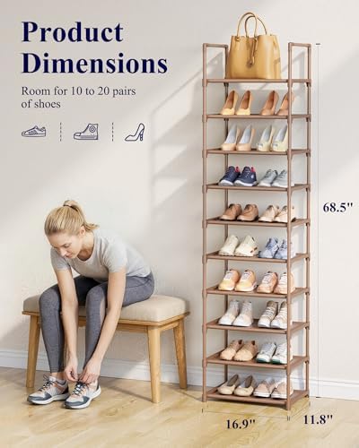 Kitsure 10 Tier Shoe Rack, Tall Shoe Organizer, 16.9" Wide, Brown - Image 3