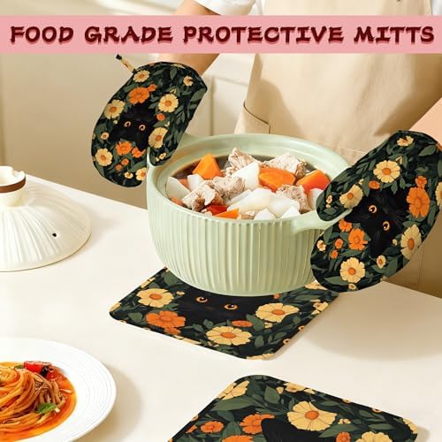Black Cat Flowers Heat-Resistant Silicone Oven Mitts and Pot Holder 4 Piece Set,Non-Slip Kitchen Oven Gloves for Baking, BBQ, Cooking,Grilling - Image 7