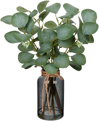 Artificial Eucalyptus Stems Fake Plants in Glass Vase with Faux Water by Briful