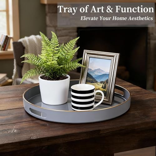 Decorative Tray, Round Plastic Tray with Handles, Modern Vanity Tray and Serving Tray for Ottoman, Coffee Table, Kitchen and Bathroom, Size 13” (Gray) - Image 4