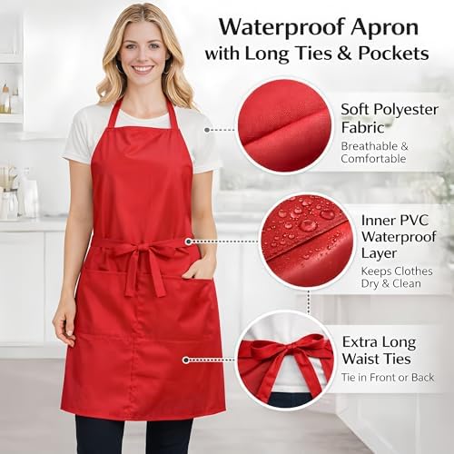2/6/12/24 Pack Waterproof Aprons Bulk with Pockets, Polyester and PVC Coated Chef Aprons for Cooking, Painting, BBQ - Image 2