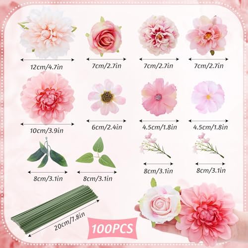 Janinka 100 Pcs Assorted Fake Flower Heads with Long Stem,Pink - Image 2