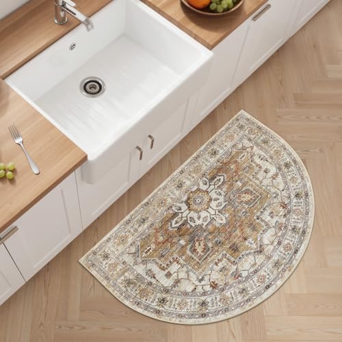 Madane Washable Half Circle Round Rug 2x3 Small Moon Rugs, Turmeric/Grey - Image 3