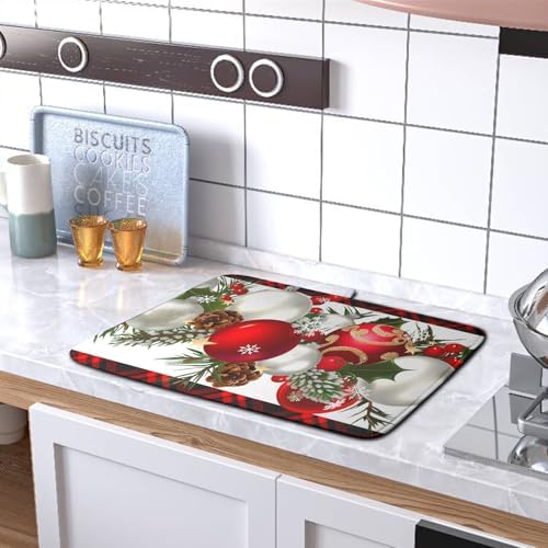 Christmas Red Buffalo Plaid Dish Drying Mat for Kitchen Counter 16x18 Inch Winter Xmas Ball Snowflake Pine Cones Dishes Drying Mat Microfibe Super Absorbent Dish Rack Pad for Coffee Bar Sinks - Image 5