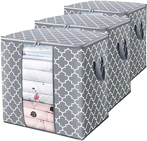 WISELIFE Storage Bags [3 Pack/100L] Large Blanket Clothes Organization and Storage Containers for Comforters,Bedding, Foldable Organizer with Reinforced Handle, Clear Window, Sturdy Zippers,Light Gray by WiseLife