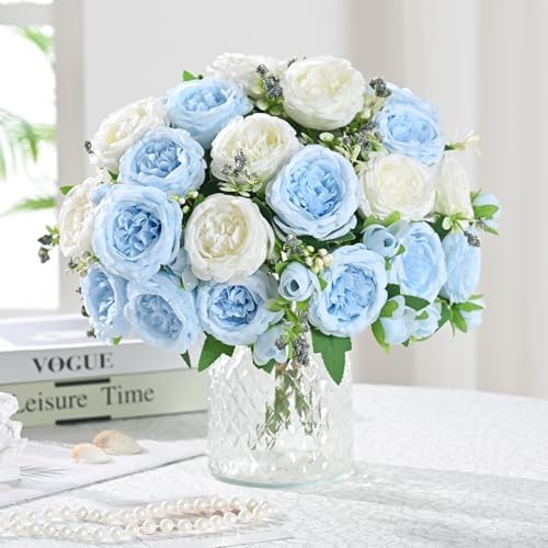 8 Packs Peonies Artificial Flowers Mixed White Blue Silk Artificial Peonies - Image 2