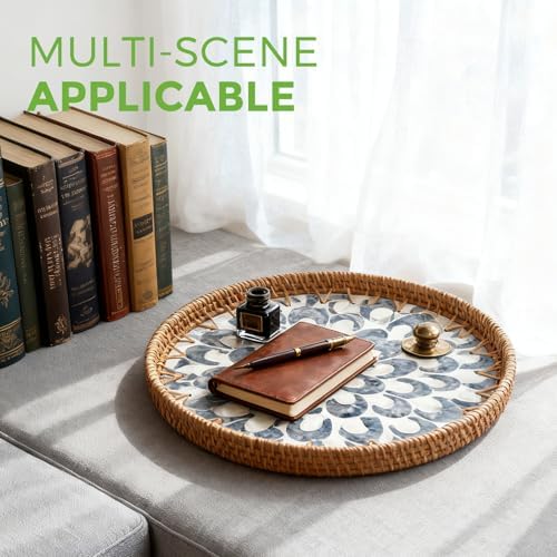 13.8" Round Rattan Tray with Mother of Pearl Inlay,Wicker Coffee Table Tray - Image 3